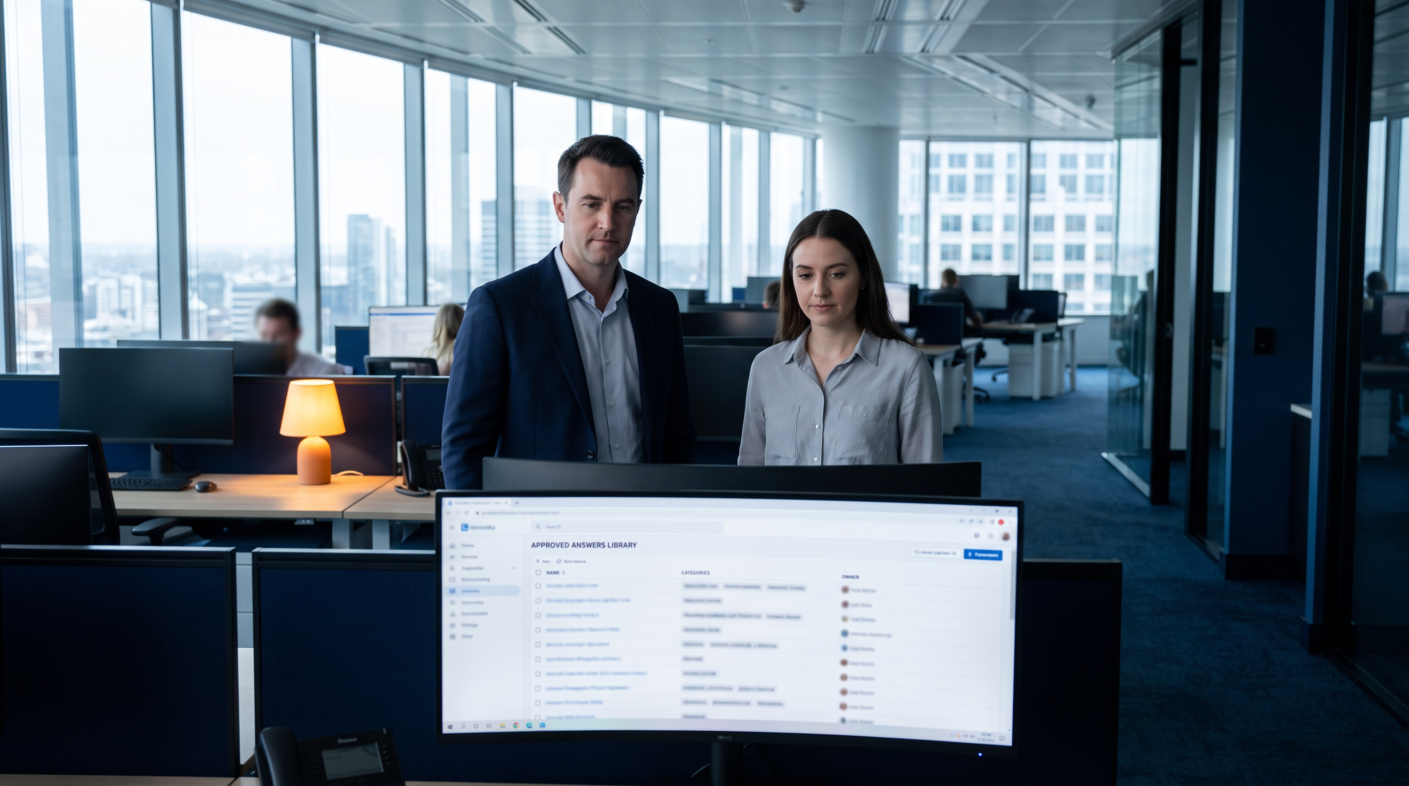Proposal manager and security analyst reviewing a tagged answer library on a large monitor