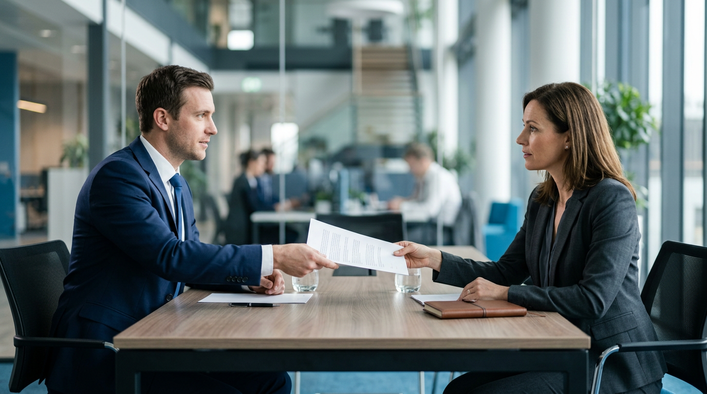 Two people in a pricing negotiation across a table sliding a document forward