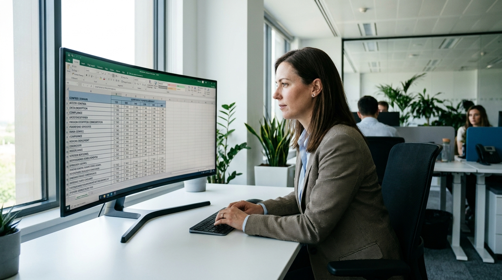 Cloud security analyst reviewing a CAIQ questionnaire spreadsheet with yes and no answer columns