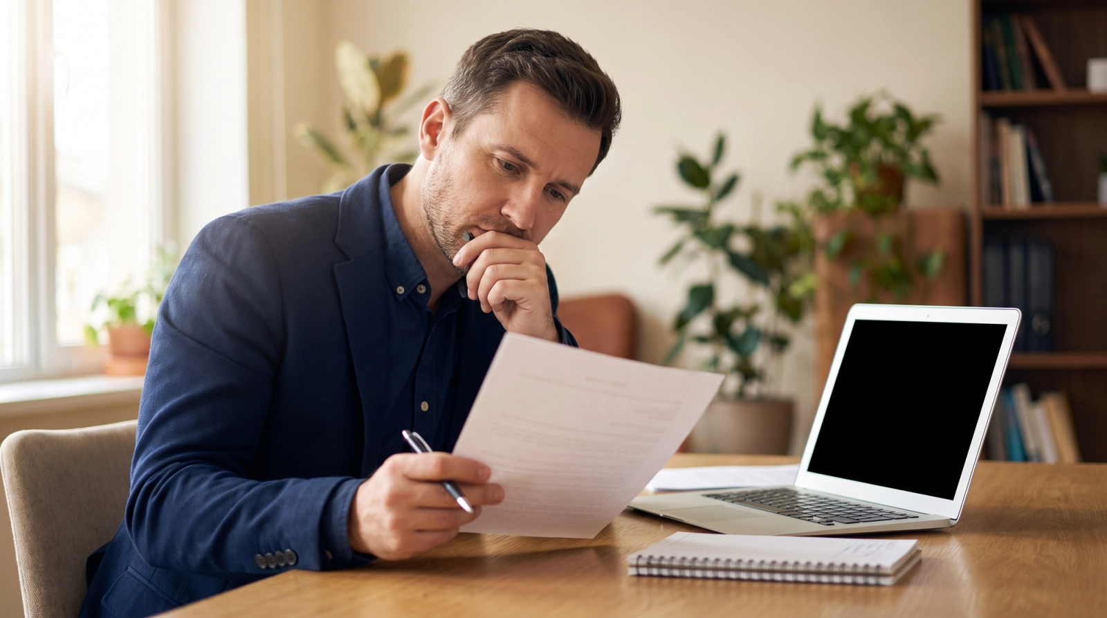Business owner at a desk reviewing a printed one page capability statement with a pen in hand
