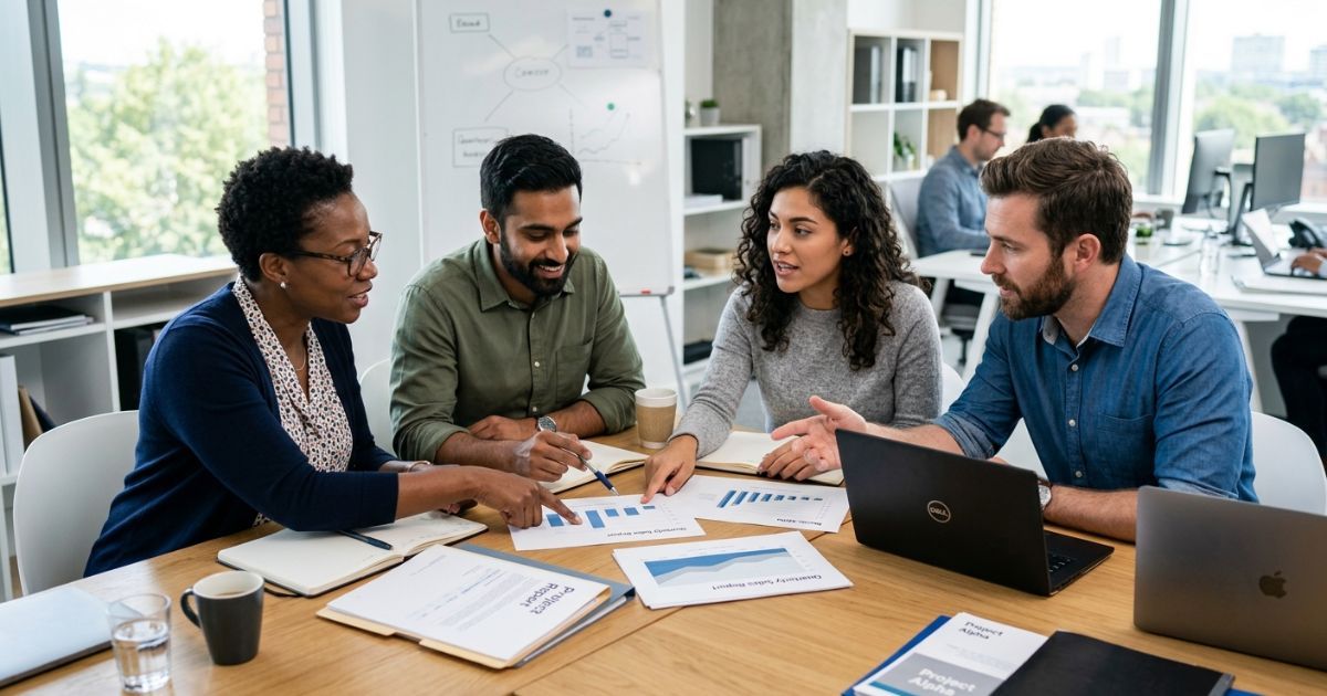 Four professionals reviewing proposal documents together at a conference table