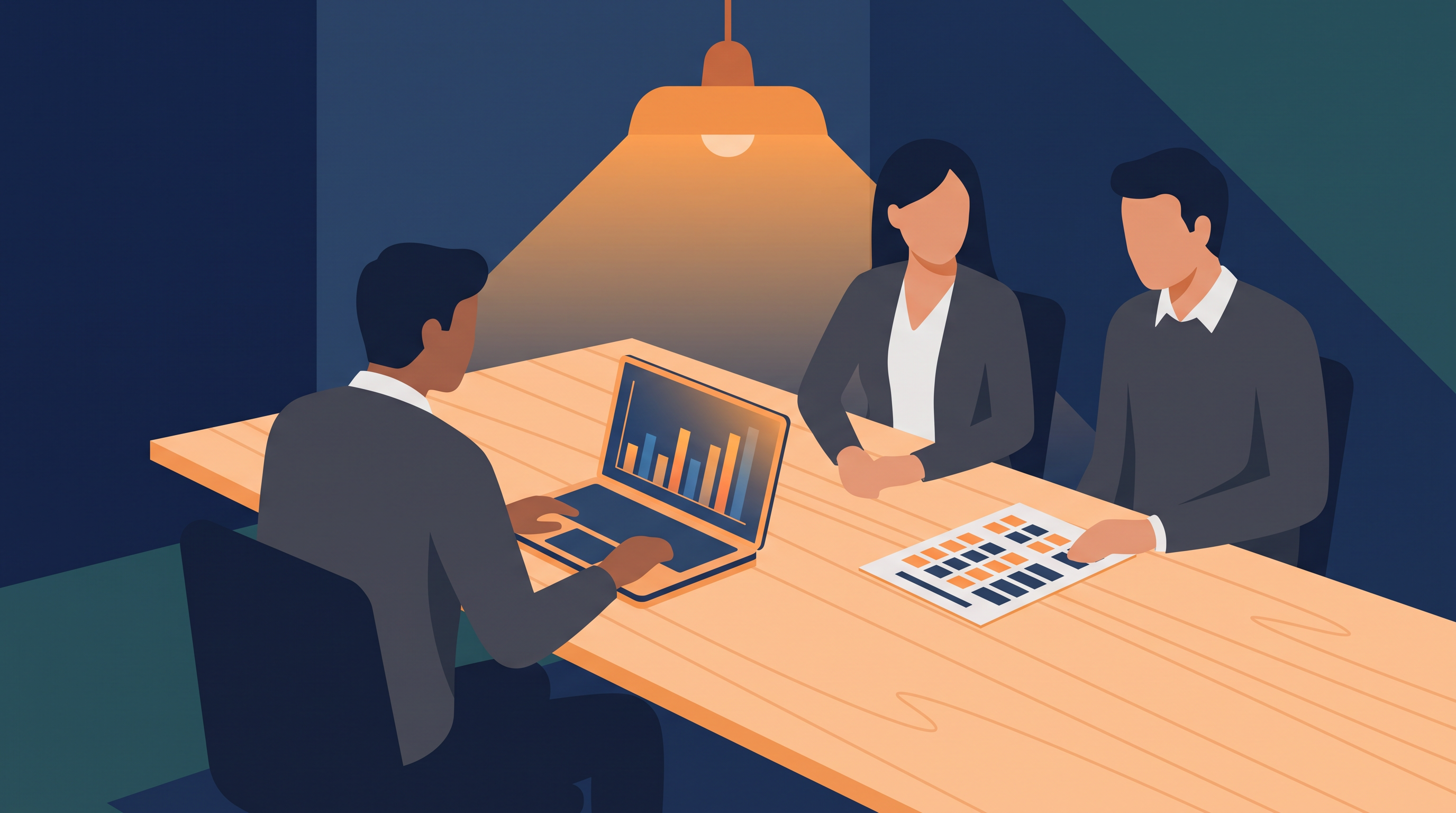 Proposal team around a conference table reviewing a pricing sheet and a laptop showing a bar chart of price tiers