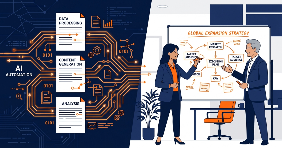 Split illustration contrasting AI document automation on one side with human strategy collaboration on the other
