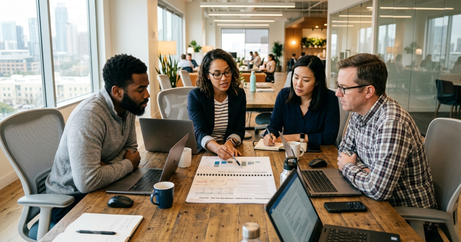 Team reviewing a proposal document together at a shared table