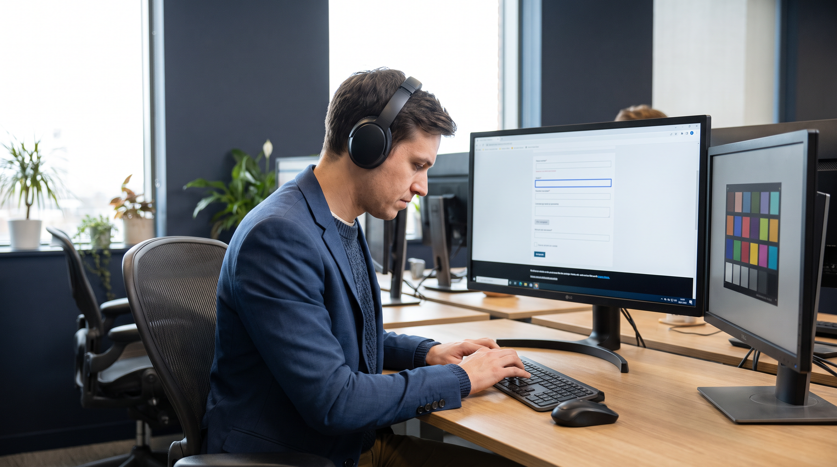 Accessibility specialist testing a web application with a screen reader on a widescreen monitor