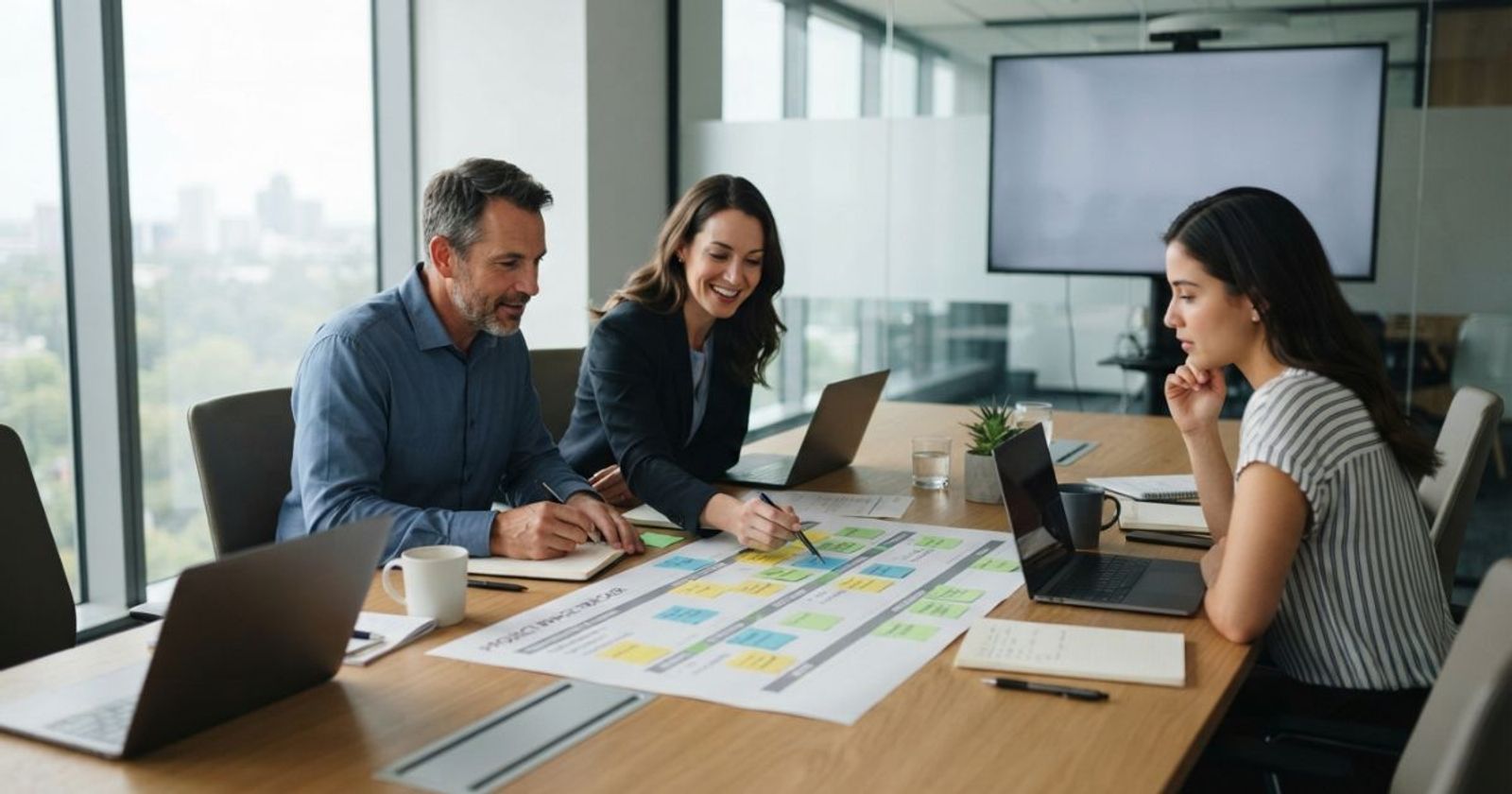 Team reviewing a printed process timeline around a conference table