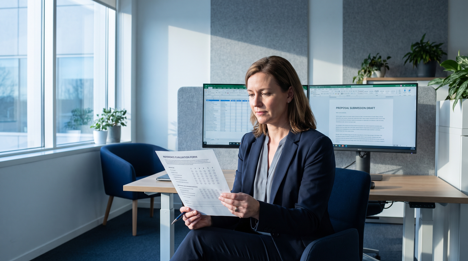 Proposal manager reviewing a printed past performance reference form at a desk with two monitors