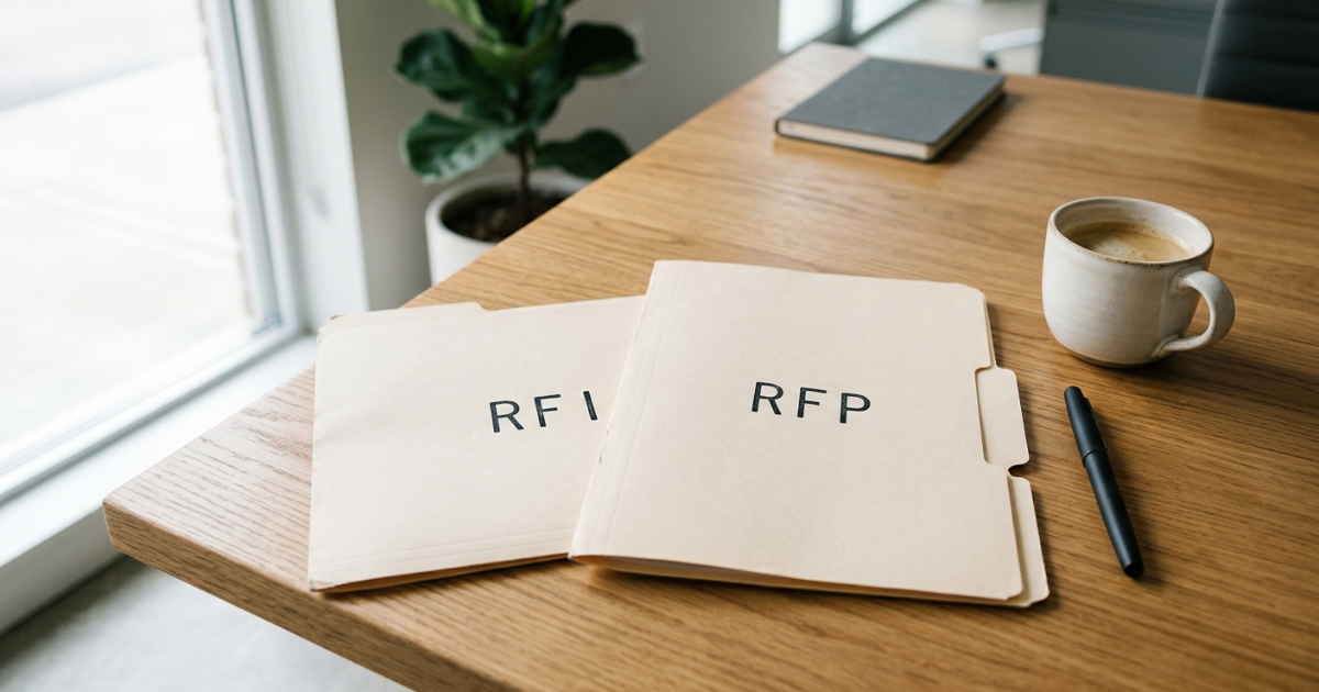 Two labeled folders, one marked RFP and one marked RFI, side by side on a desk