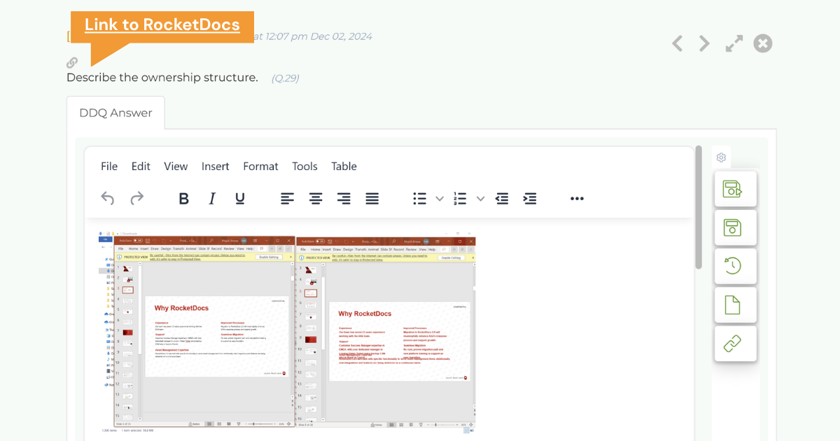 Rich text editor showing a DDQ answer field with a Link to RocketDocs callout