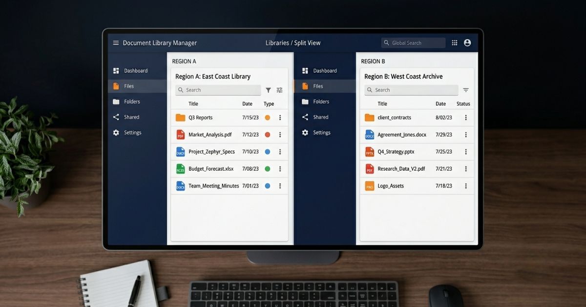 Split-screen view of two separate RocketDocs content libraries organized by region
