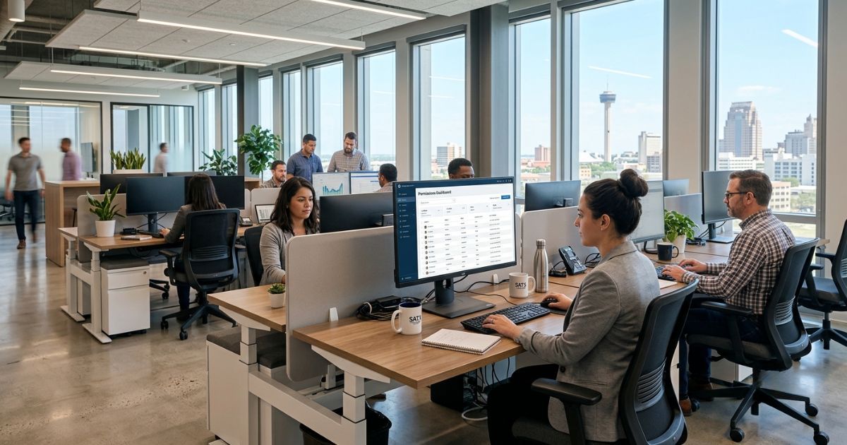 Professional team in an open office viewing a user permissions dashboard on a large monitor