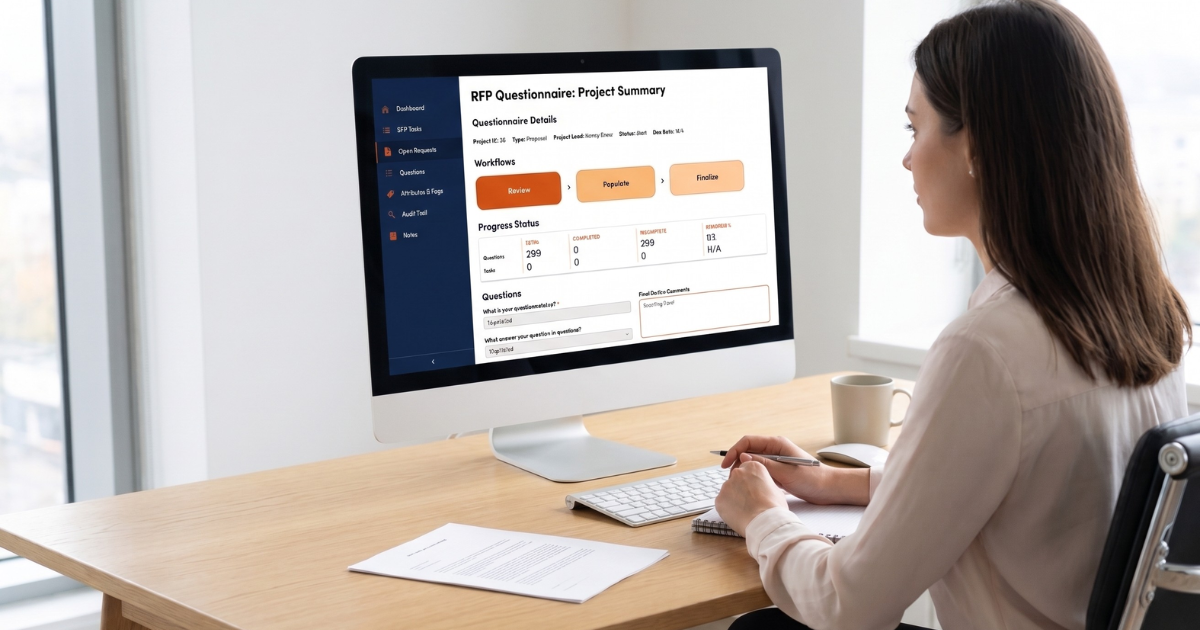 Proposal writer reviewing an RFP document on a monitor with some fields auto-populated
