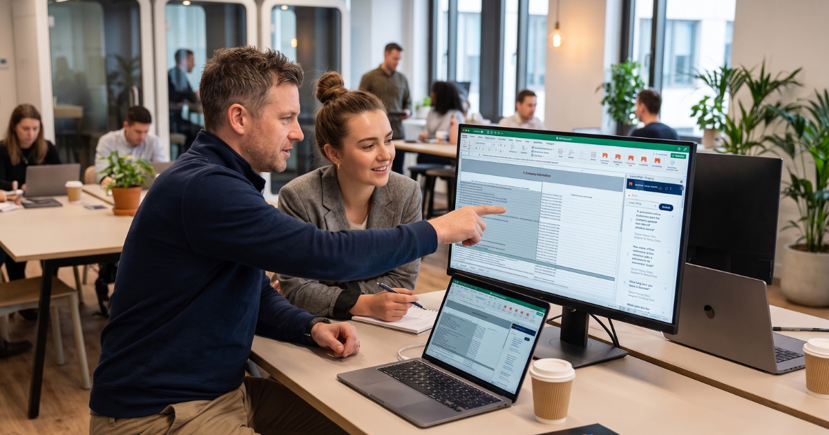 Security analyst and sales rep reviewing a shared questionnaire response together