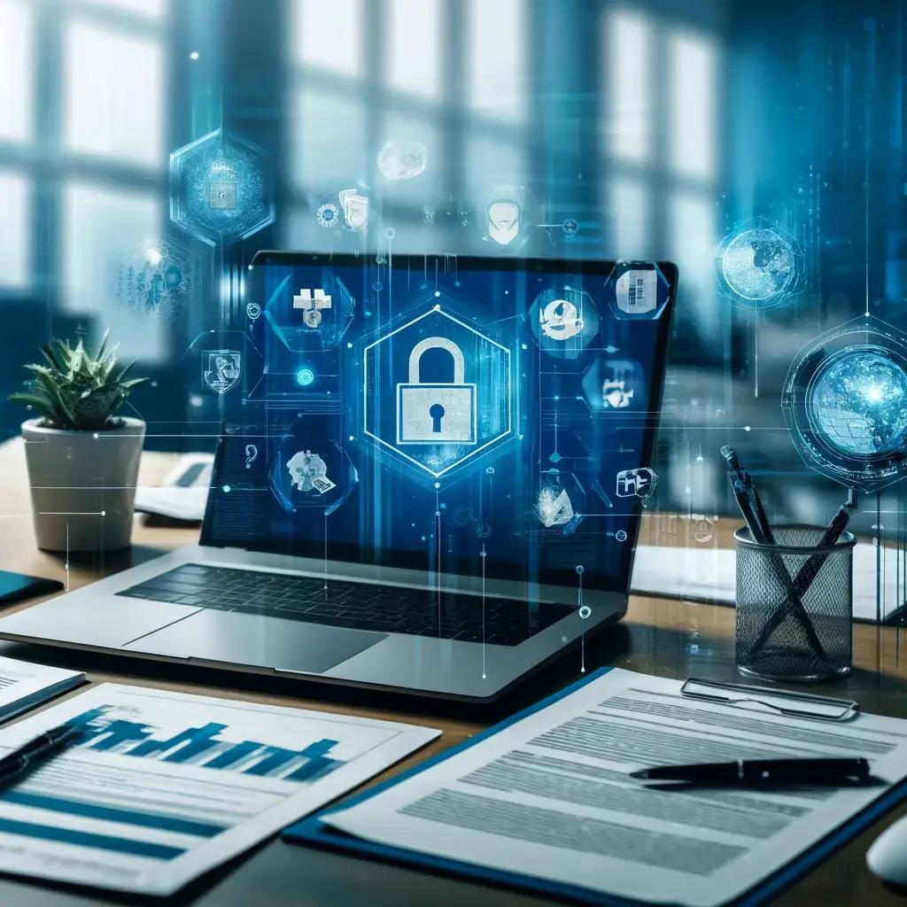 Modern office setting with a laptop displaying RFP/RFI documents, surrounded by charts, graphs, and data analytics, with abstract security symbols such as shields and network connections, highlighting the integration of cybersecurity in procurement processes."