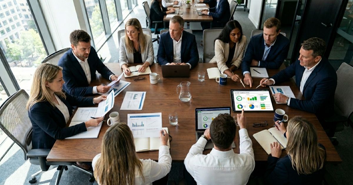 Team of professionals reviewing proposal documents and a workflow dashboard at a conference table