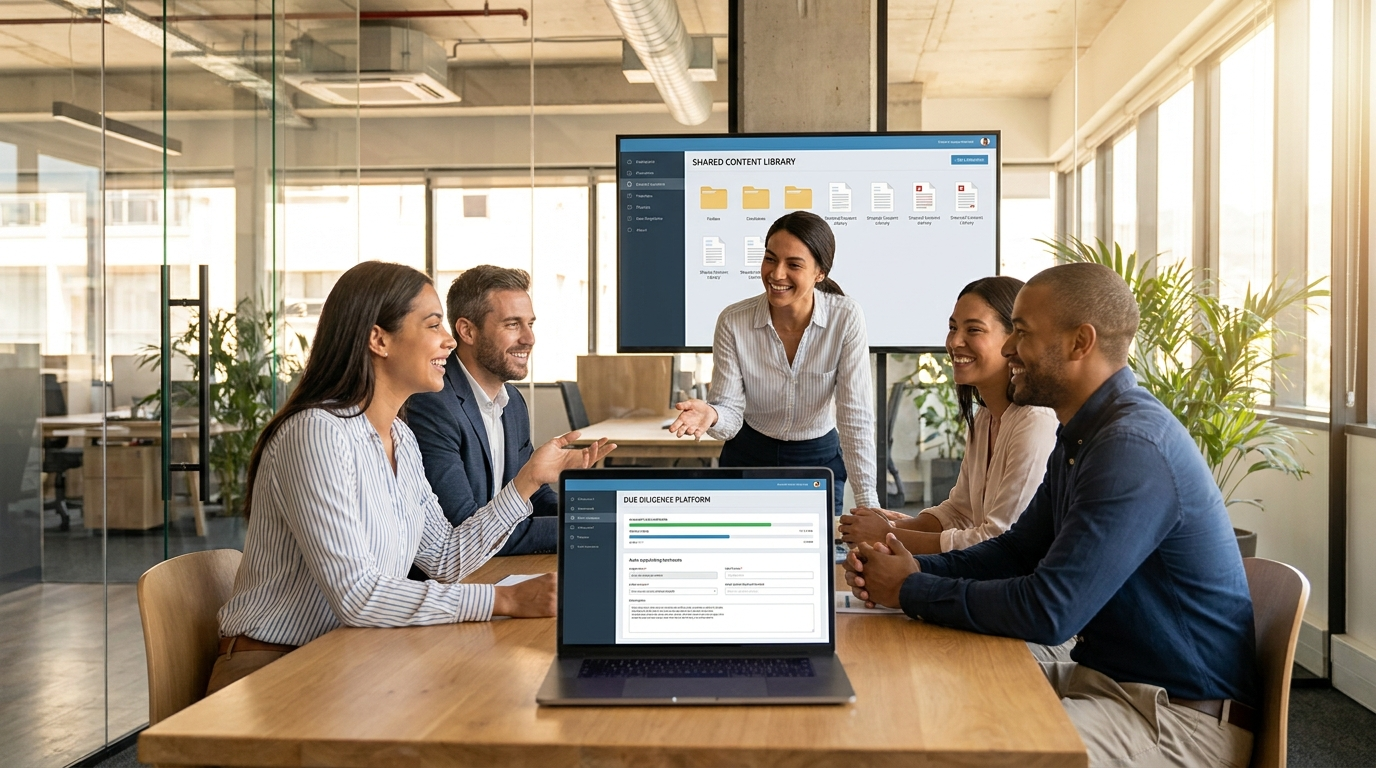 Asset management operations team collaborating on a due diligence questionnaire response platform in a modern office