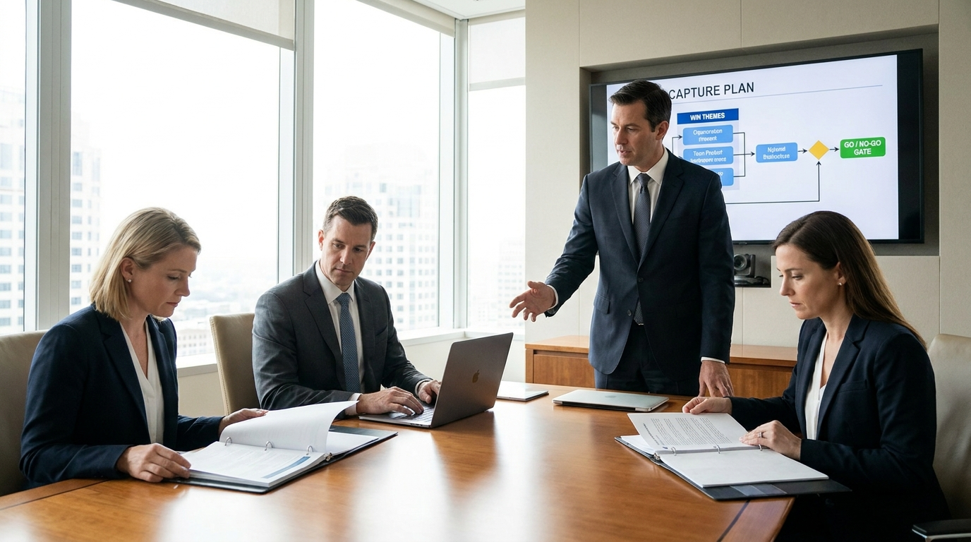 Executives at a gate review deciding whether to pursue a bid, capture plan on screen