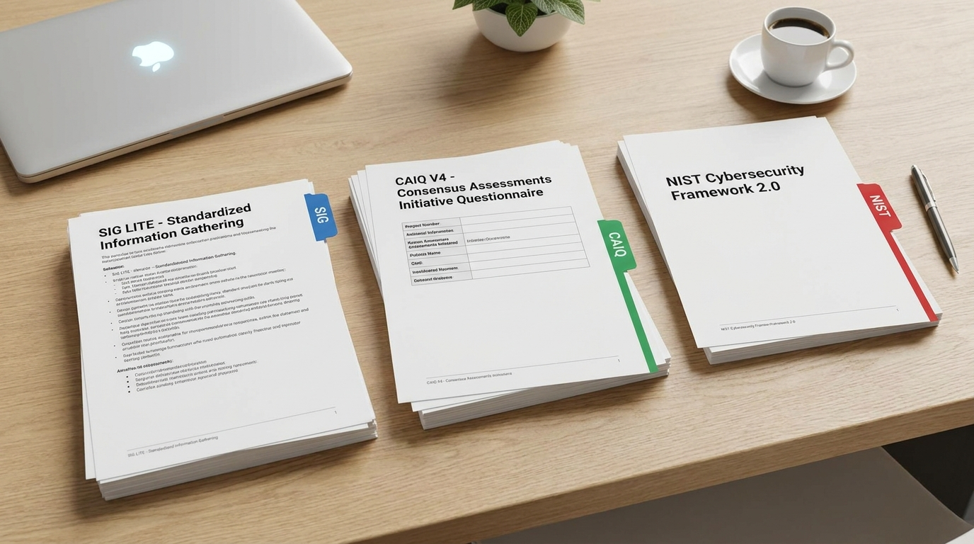 Three labeled document stacks representing SIG, CAIQ, and NIST security frameworks on a desk