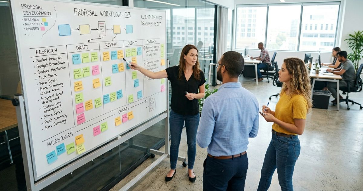 Proposal team standing around a whiteboard reviewing a workflow diagram with sticky notes