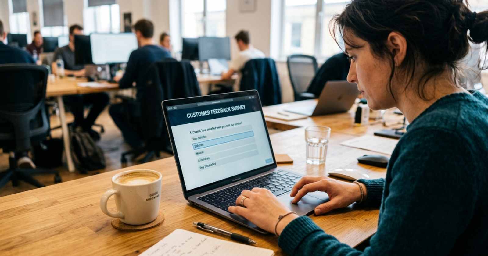 Person completing a digital survey form on a laptop at a desk