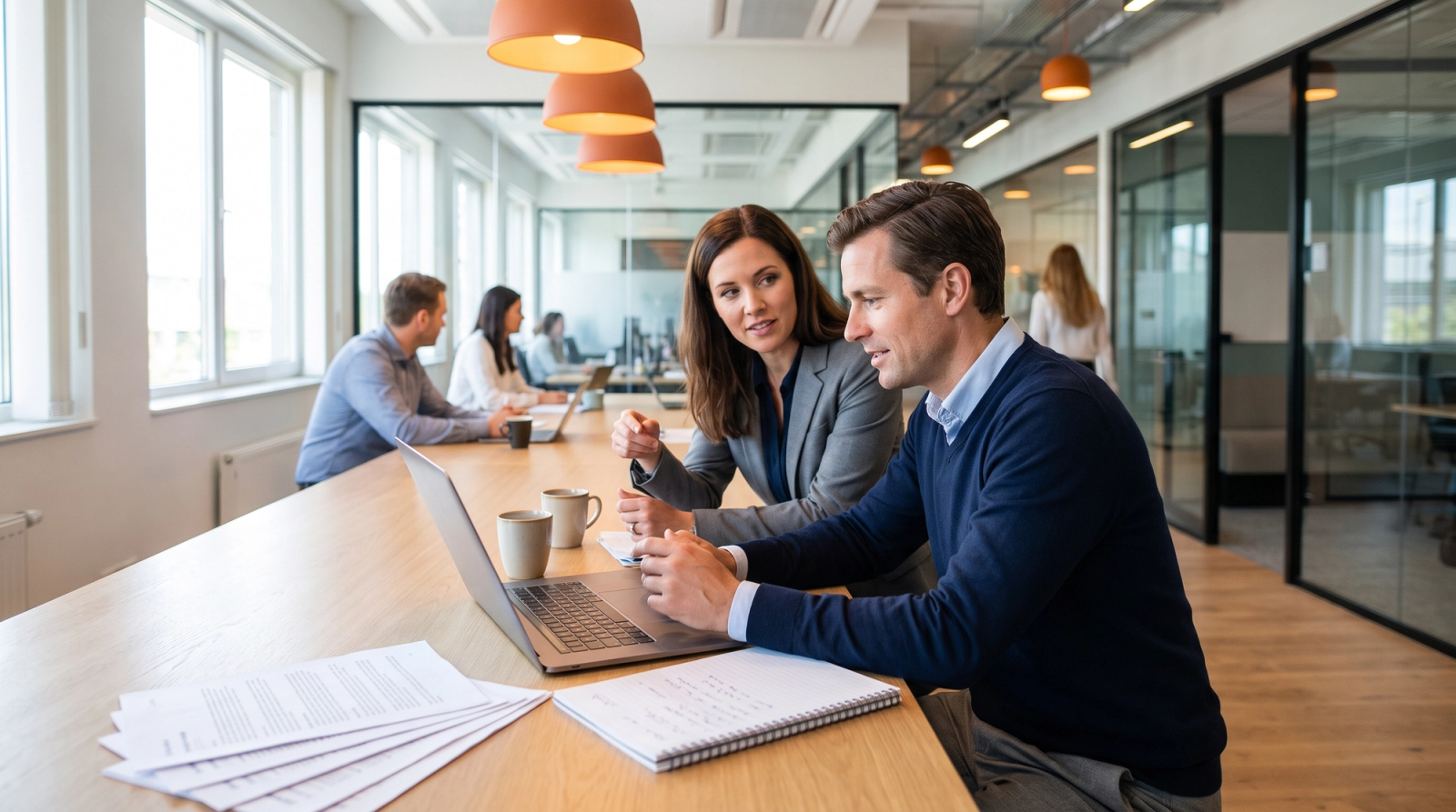 Subject matter expert and proposal writer reviewing questionnaire answers together at a desk