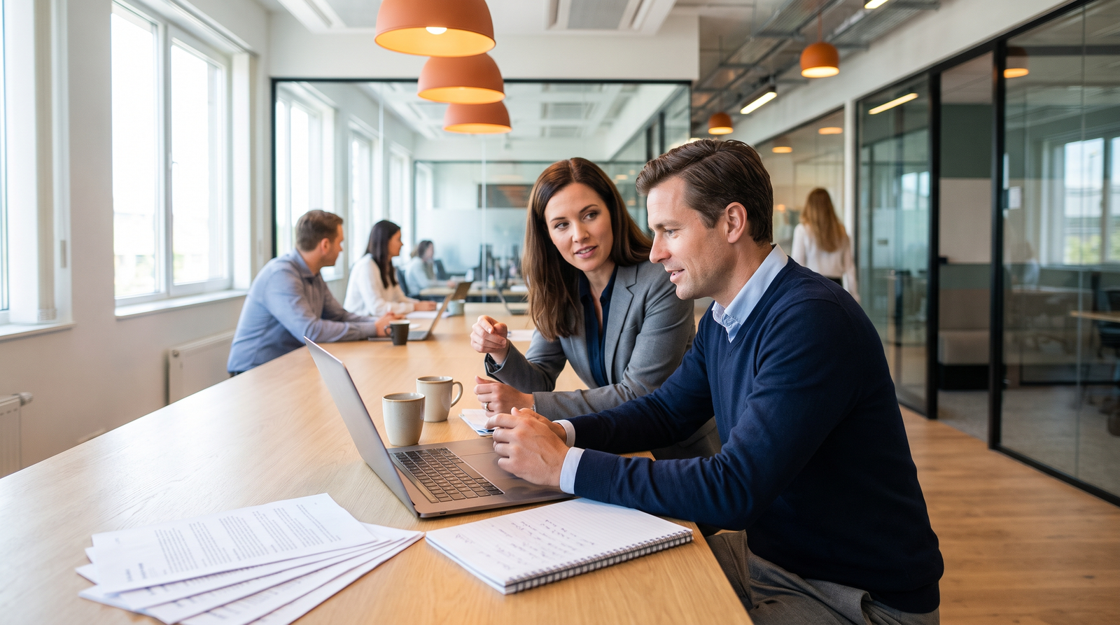 Subject matter expert and proposal writer reviewing questionnaire answers together at a desk