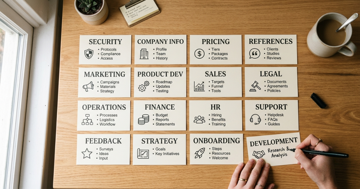 Overhead view of category index cards organized in a grid on a desk for proposal content planning