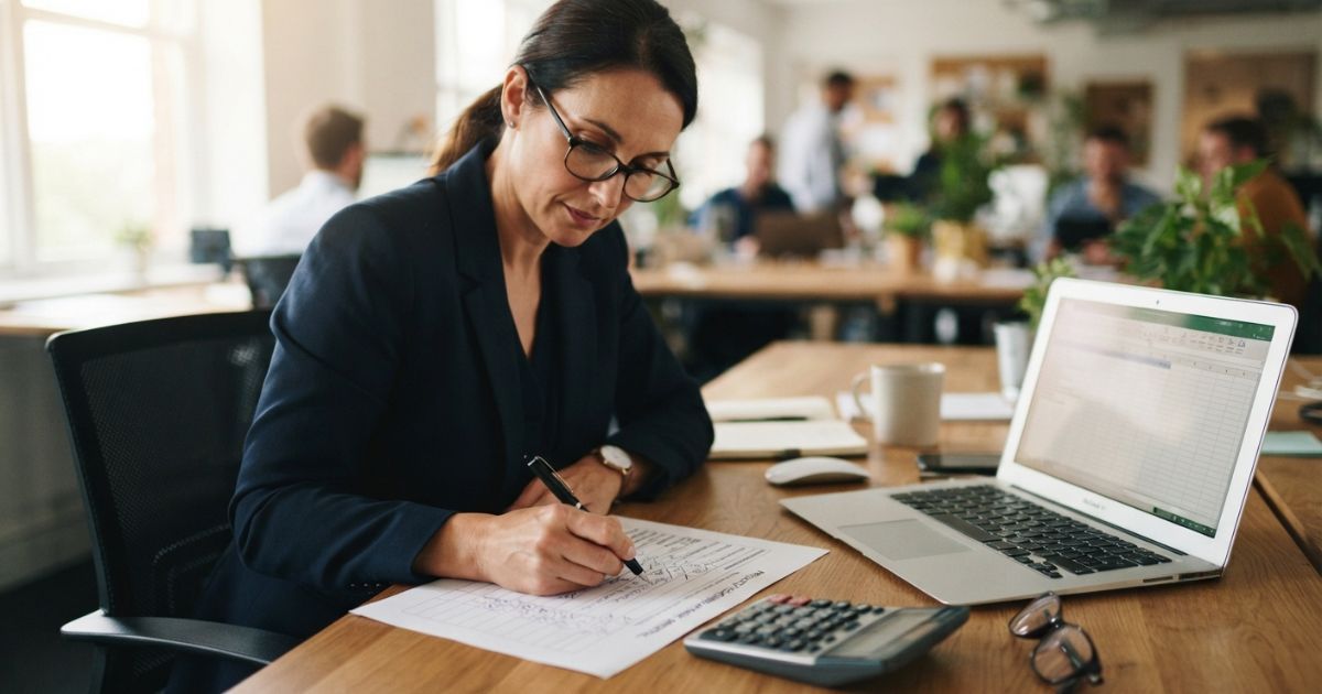 Evaluator reviewing a printed scoring matrix at a desk
