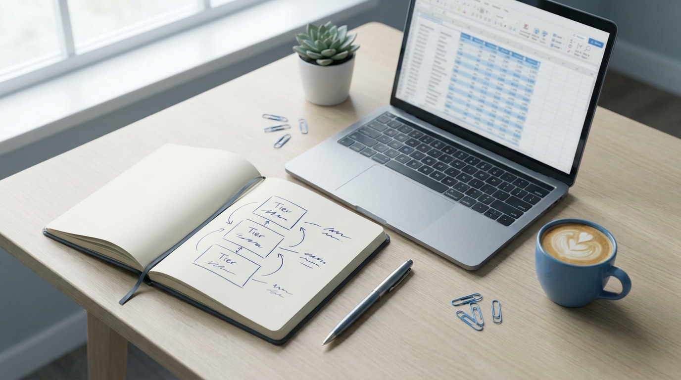 Notebook on a desk with three hand-drawn pricing tier boxes, pen and laptop