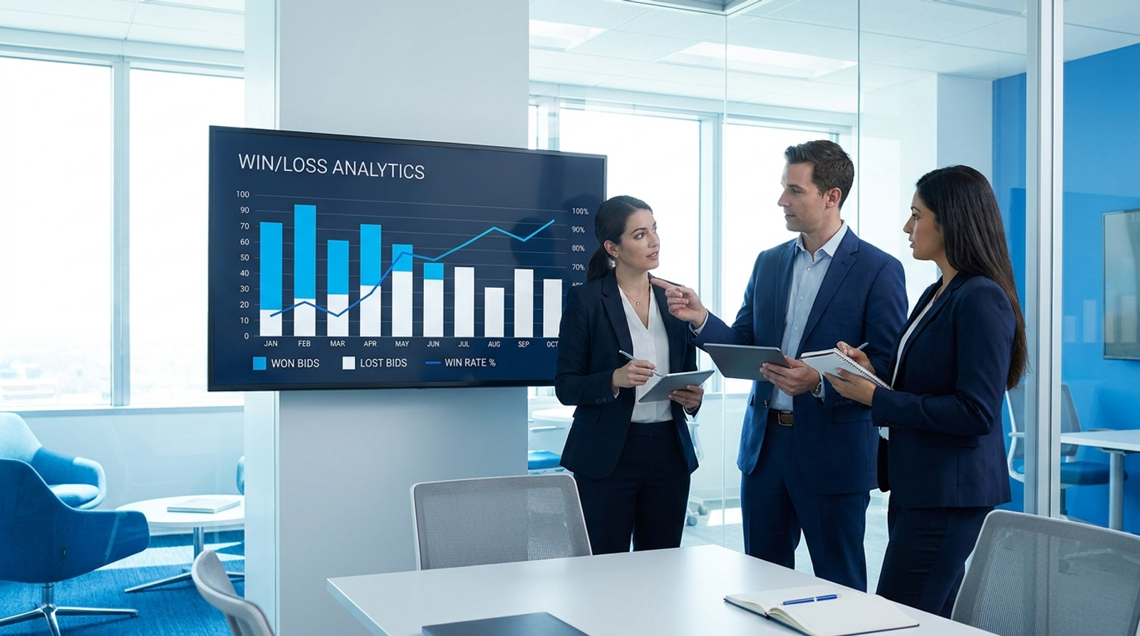 Proposal team reviewing won and lost bid charts on a wall monitor in a modern office