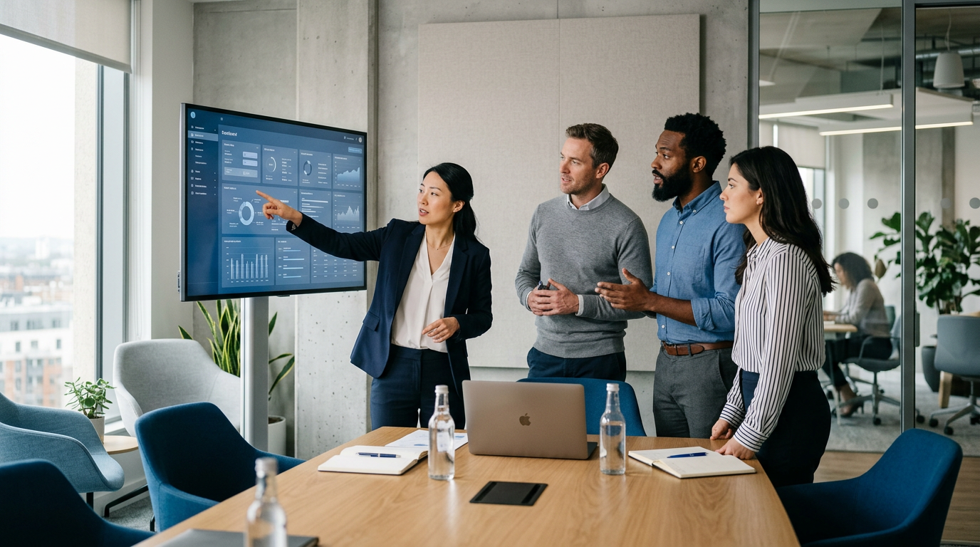 Small team discussing software options around a shared monitor in a meeting room