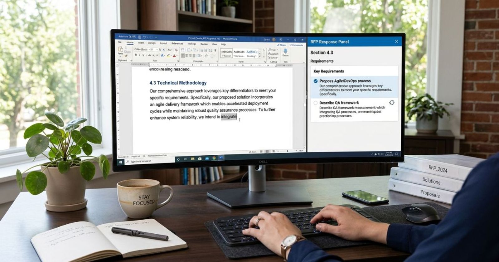 RFP response panel embedded inside Microsoft Word on a professional's desktop monitor
