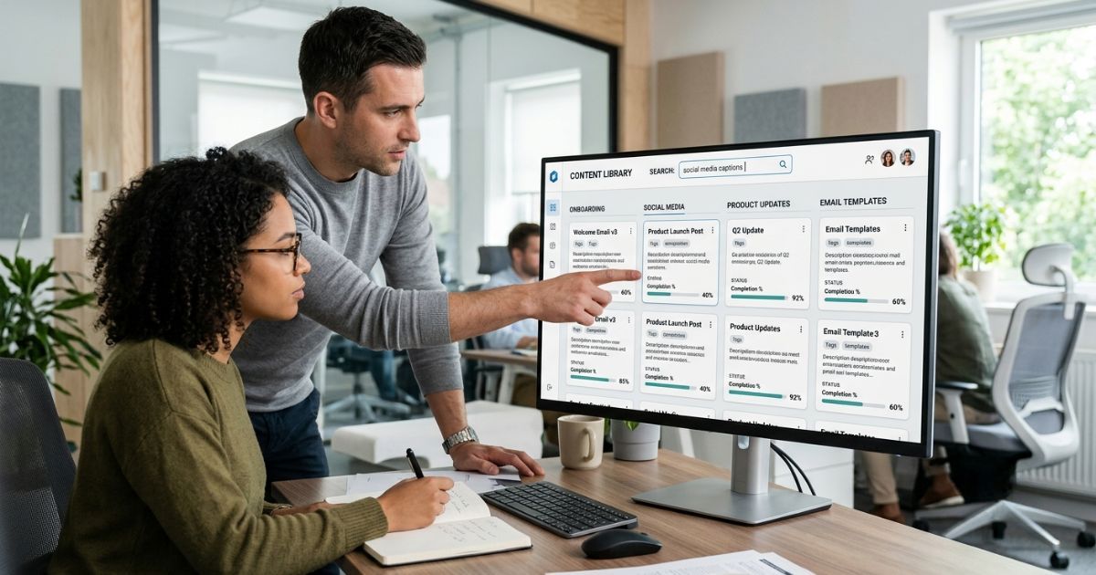 Two colleagues reviewing a searchable content library dashboard on a large office monitor