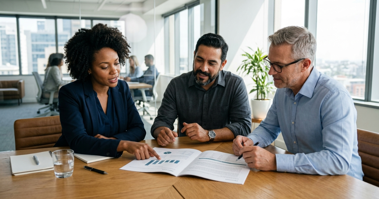 Business professionals reviewing a proposal document together at a conference table