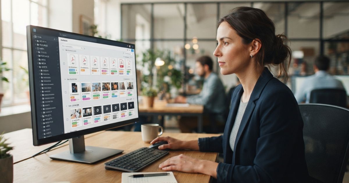 Person reviewing an organized digital content library on a monitor