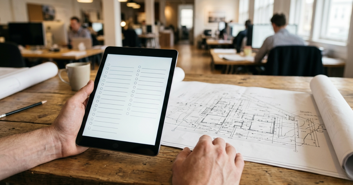 Hand holding a tablet displaying a checklist next to a printed site plan