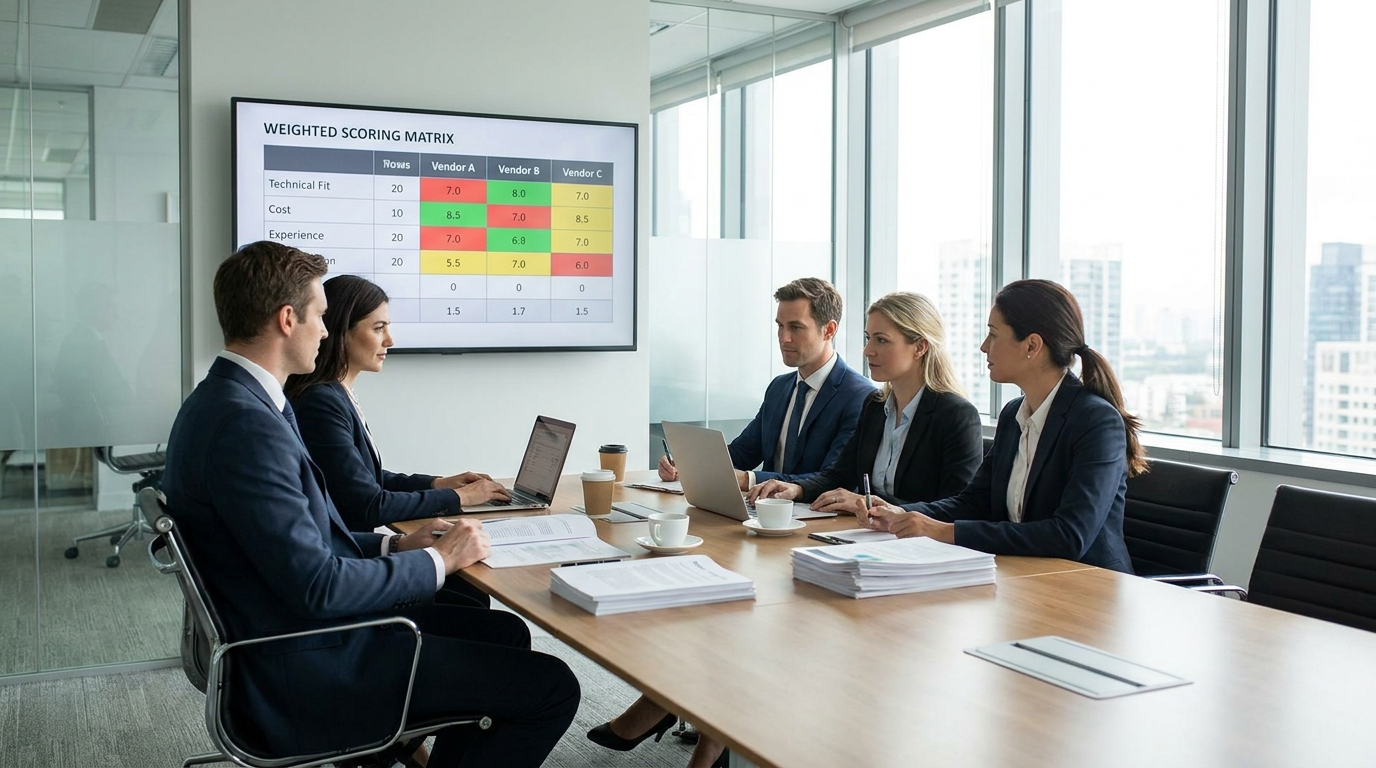 Evaluation committee scoring vendor proposals with a weighted matrix displayed on a conference room screen