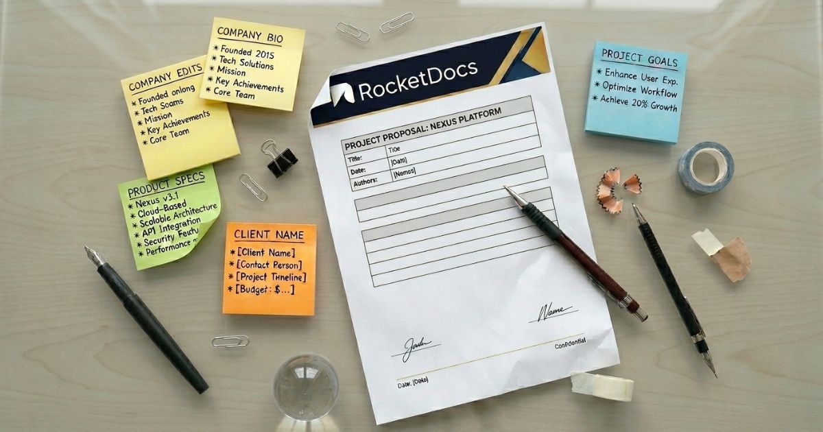 Branded proposal template laid out with labeled content blocks representing modular proposal sections