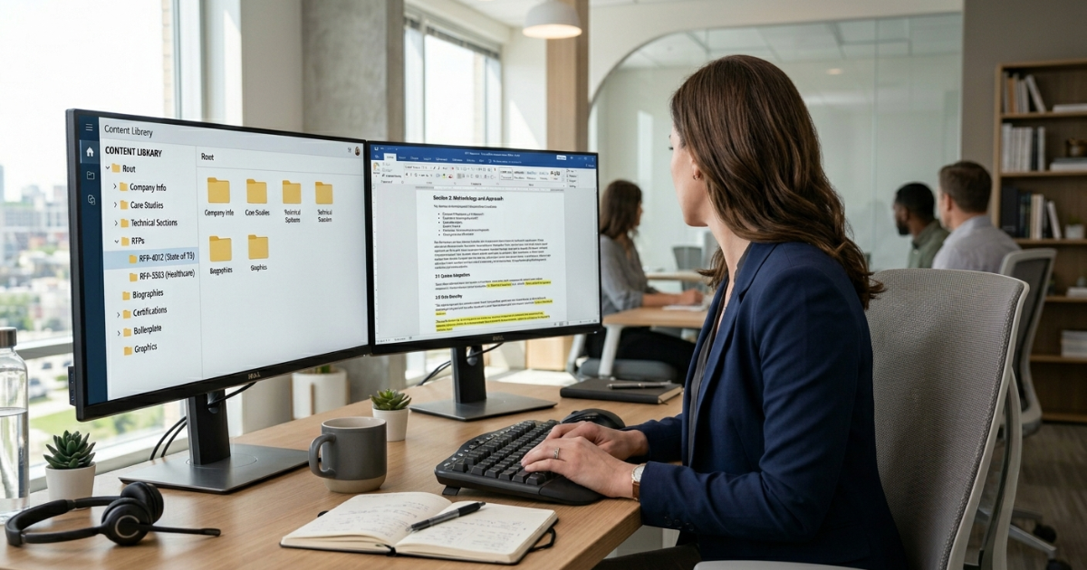 Proposal writer reviewing a structured content library on dual monitors at a modern office desk