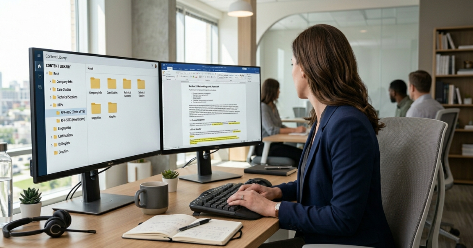 Proposal writer reviewing a structured content library on dual monitors at a modern office desk