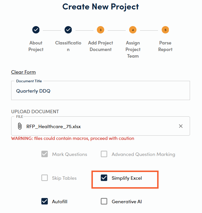 RocketDocs new project setup showing Simplify Excel checkbox selected for an uploaded Excel DDQ file with Autofill enabled