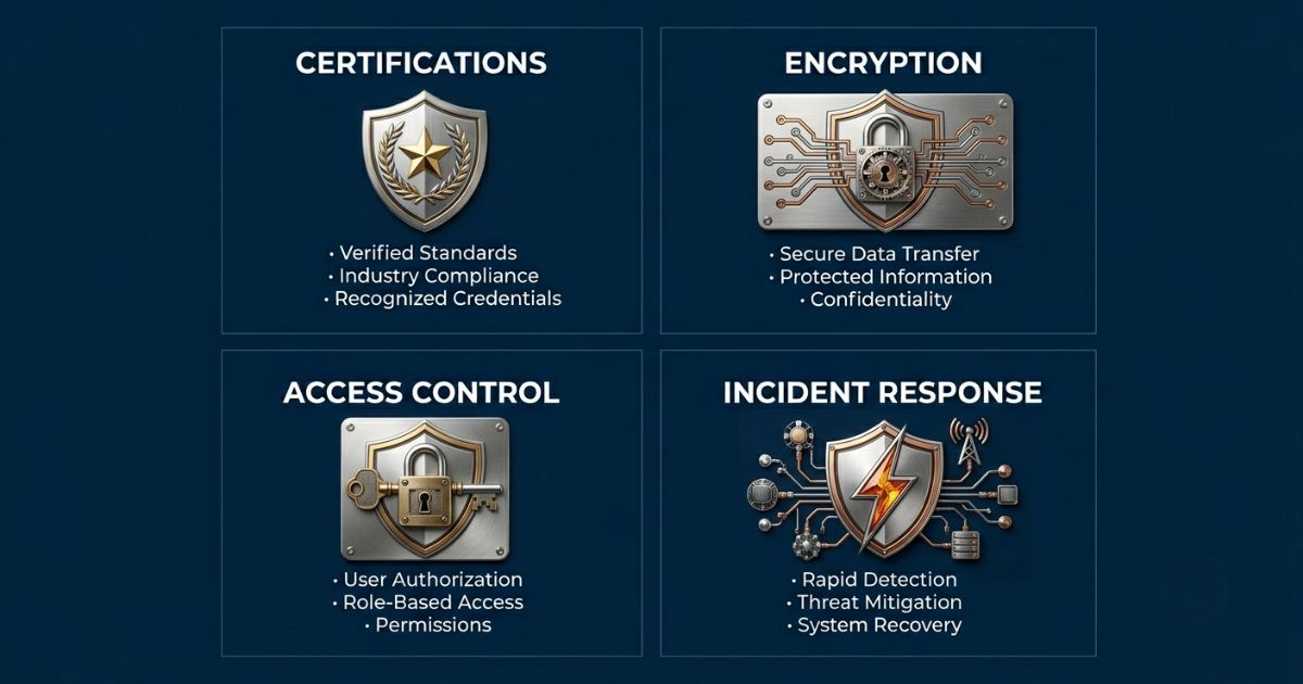 Four cybersecurity criteria icons for RFP vetting: certifications, encryption, access control, and incident response