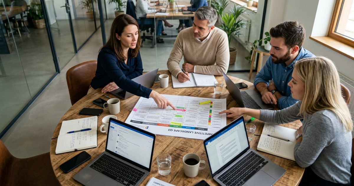 Small team reviewing a competitive analysis grid spread on a round table during a proposal strategy meeting