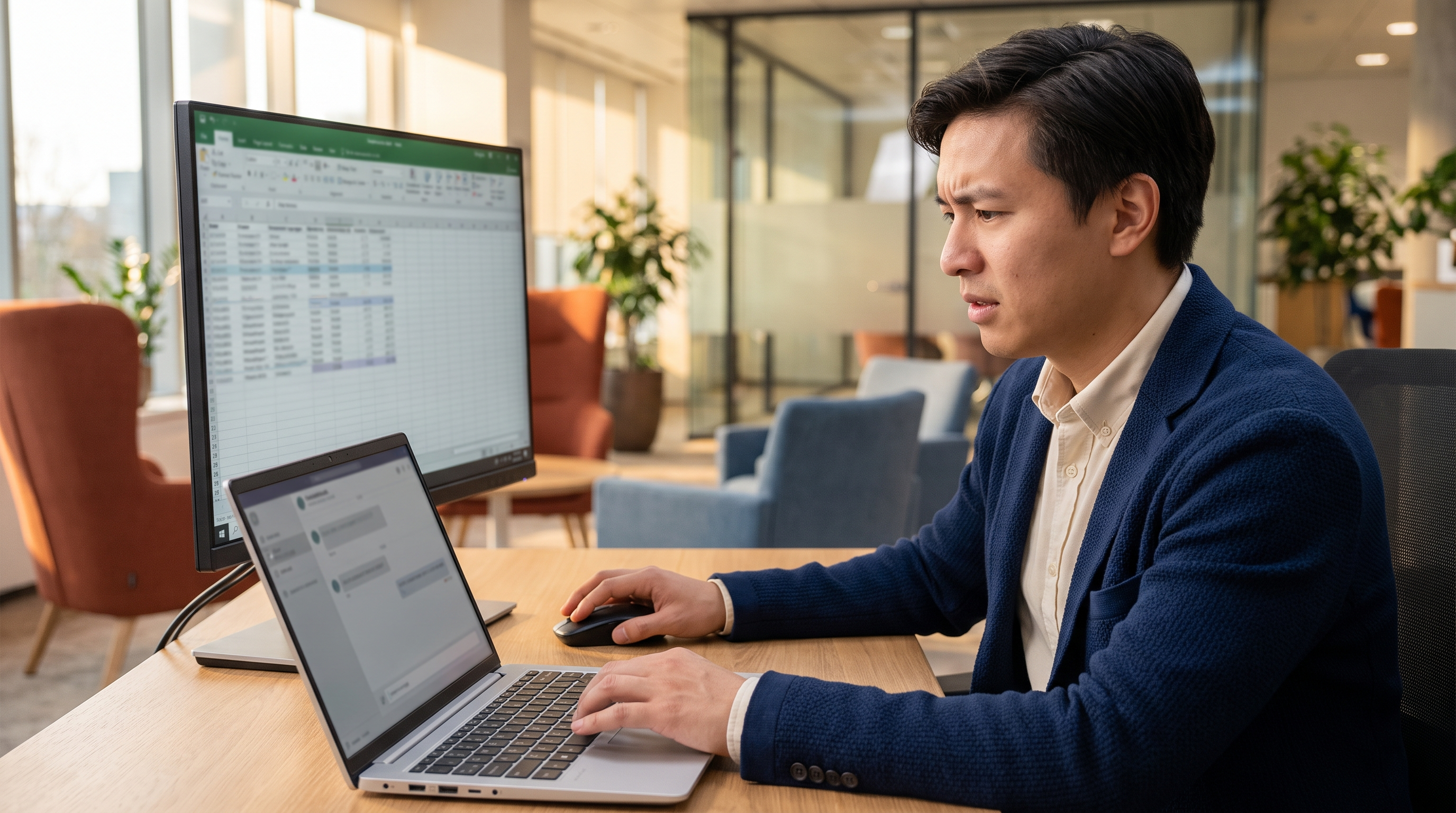 Proposal manager at an office desk pasting spreadsheet text into an AI chat window on a laptop