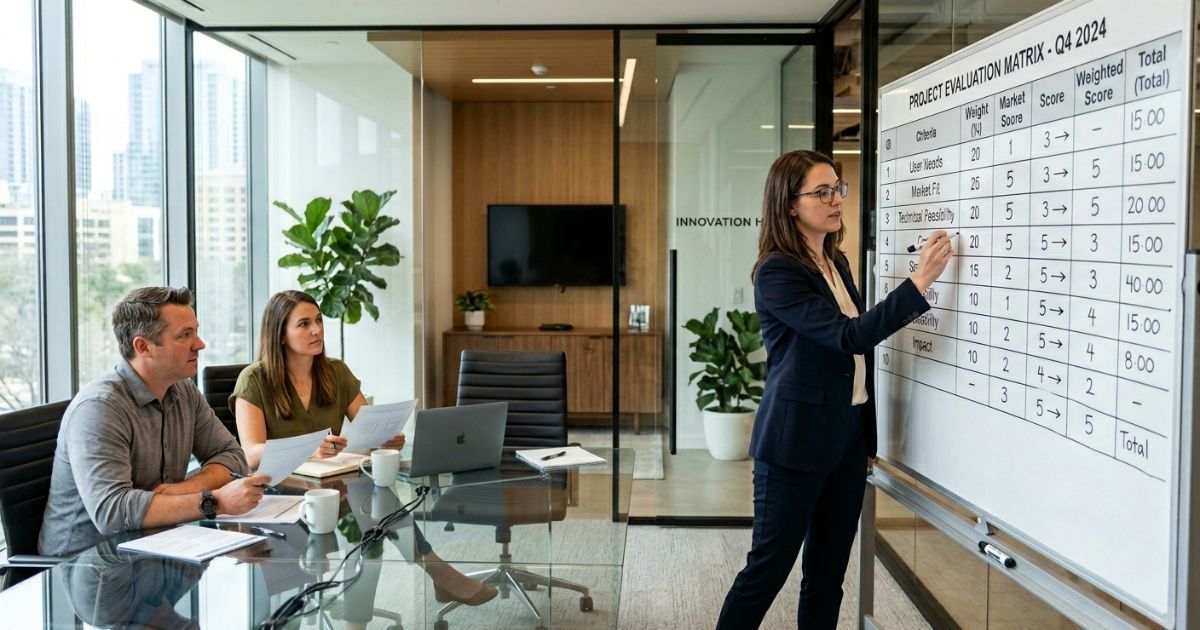 Professional writing a scoring matrix on a whiteboard while two colleagues review documents in a conference room