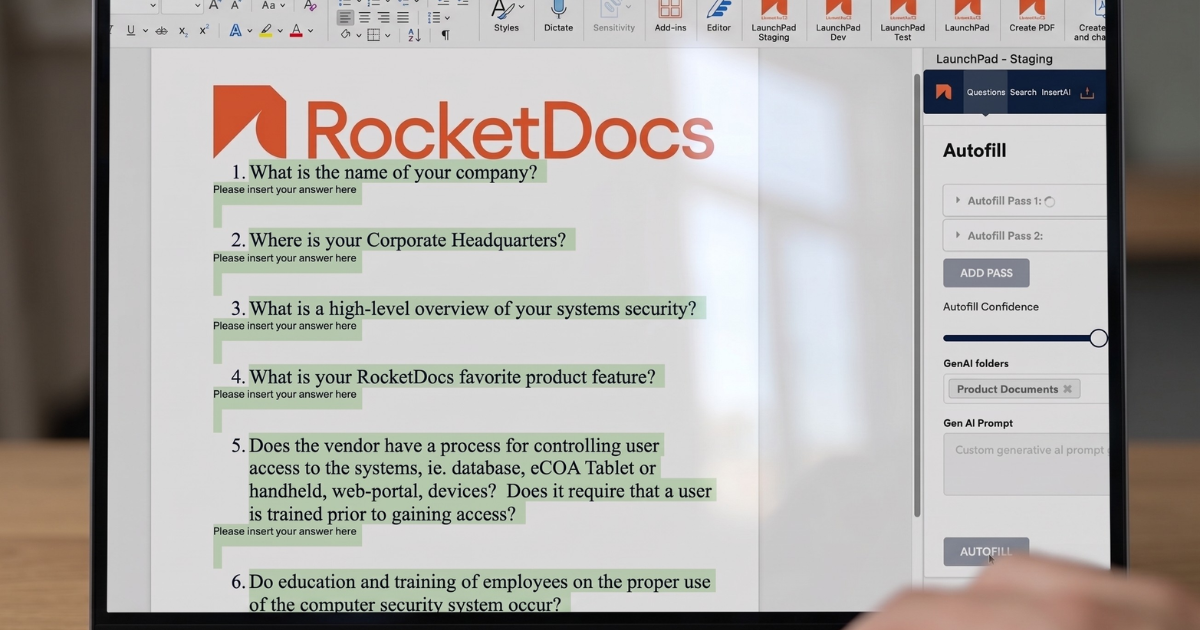 Microsoft Word document with RFP questions highlighted and the LaunchPad Autofill panel open on the right showing pass configuration and GenAI folder settings