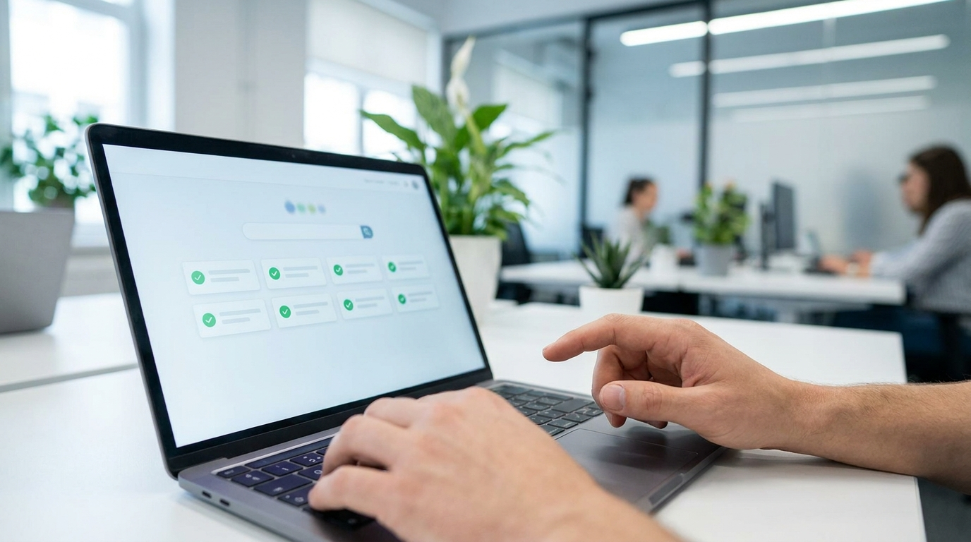 Person at a laptop choosing approved answers from a content library interface