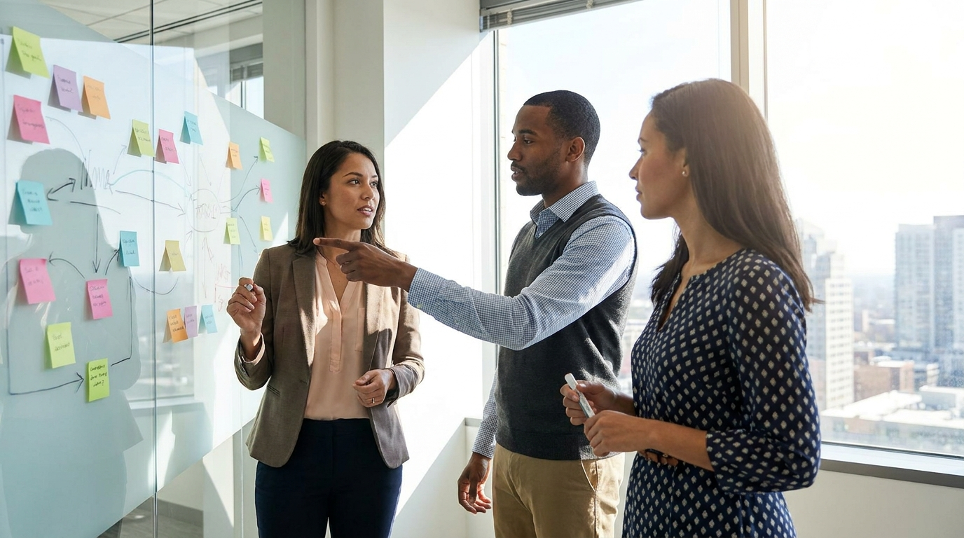 Proposal team mapping RFP response stages on a glass whiteboard with sticky notes