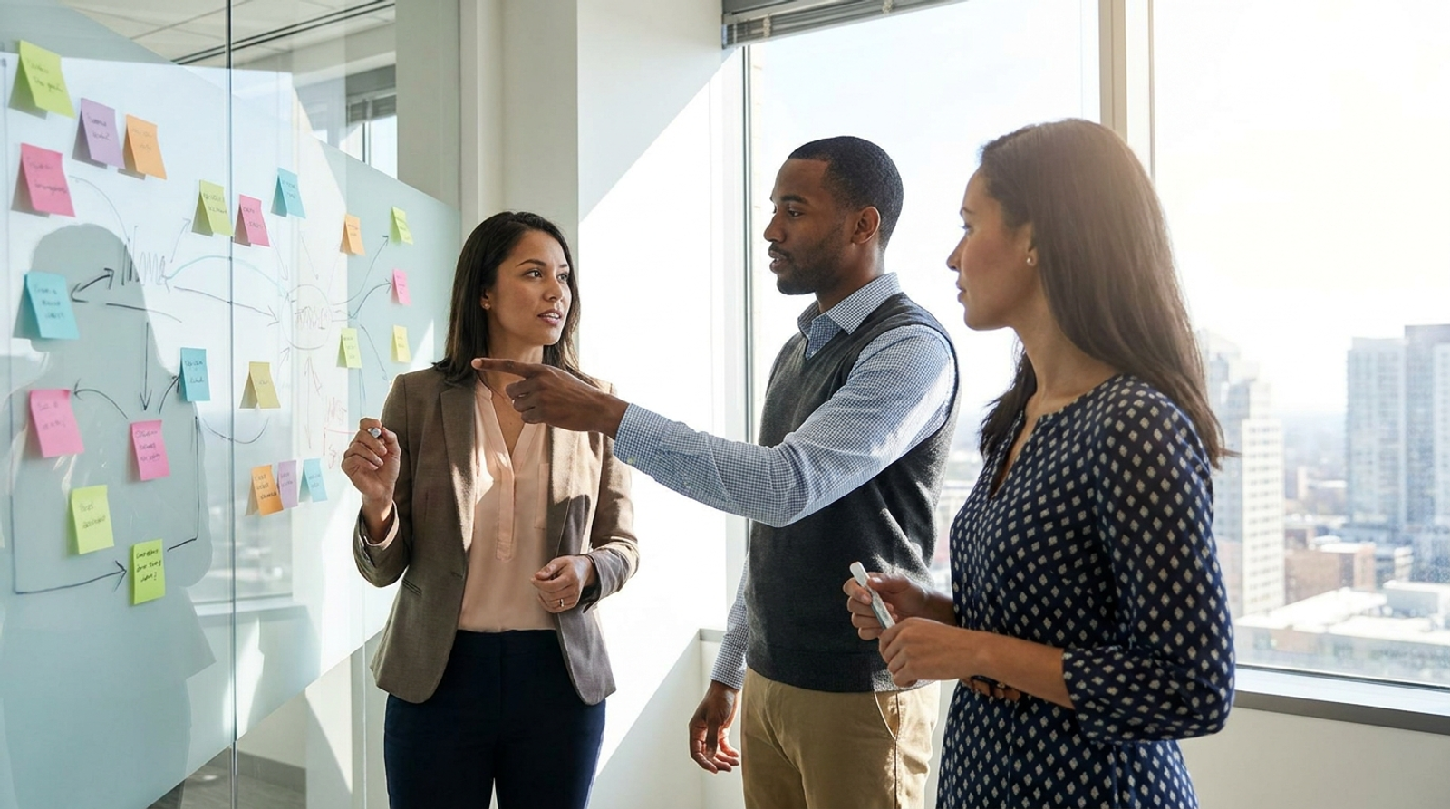 Proposal team mapping RFP response stages on a glass whiteboard with sticky notes