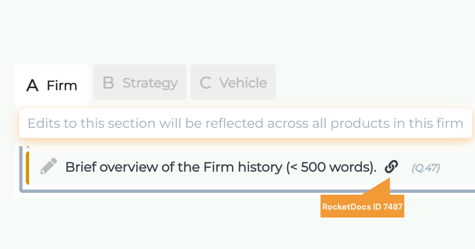 DDQ question form with Firm Strategy and Vehicle tabs and a linked RocketDocs answer field
